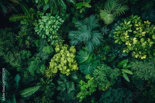 Fototapeta This overhead image displays the vibrant and lush green canopy of a jungle. The image portrays an array of plant species, illustrating the jungle's dense and thriving ecosystem.