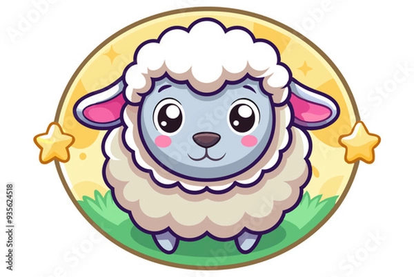 Fototapeta Adorable Cartoon Sheep with Big Eyes in a Circular Frame with Stars