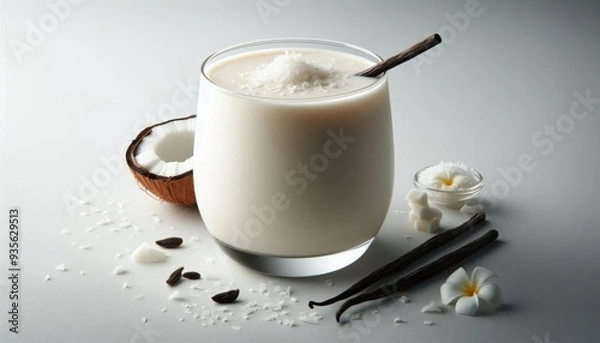 Obraz a vanilla bean coconut yogurt smoothie on a solid white background.