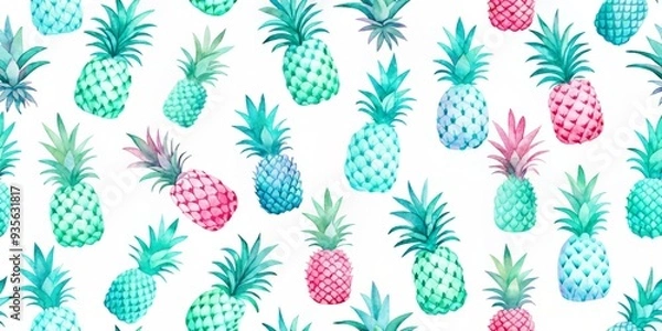 Obraz Vibrant watercolor pineapple leaves with delicate strokes and soft pastel hues gently scattered on a clean white background, evoking a sense of tropical serenity.