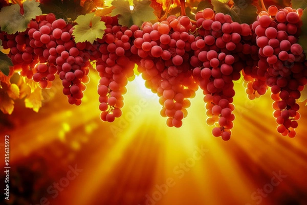 Obraz Red Grapes Hanging in Vineyard with Sun Rays