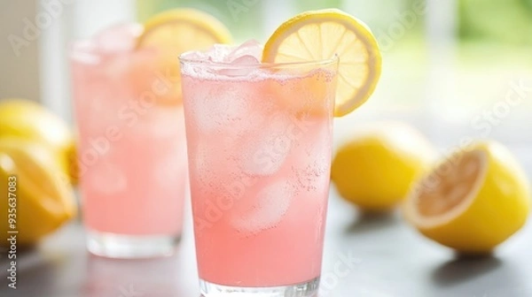 Fototapeta A pink lemonade with a slice of lemon, refreshing and perfect for summer