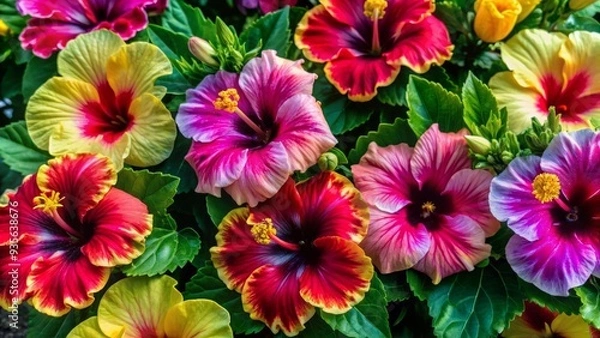 Fototapeta Vibrant hibiscus flowers in full bloom, showcasing a kaleidoscope of colors, delicately arranged to create a breathtaking visual spectacle with a harmonious blend of pastel hues.