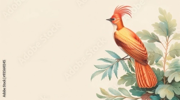 Obraz Vibrant illustration of a colorful bird perched on a leafy branch, showcasing intricate details and artistic design.