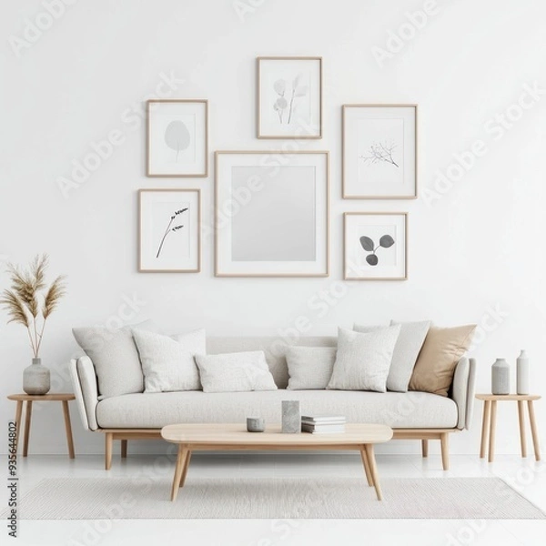 Fototapeta Modern Elegance in Chic Living Room with Mid-Century Sofa, Stylish Coffee Table, and Black-and-White Frames Adorning the Wall, Generative Ai