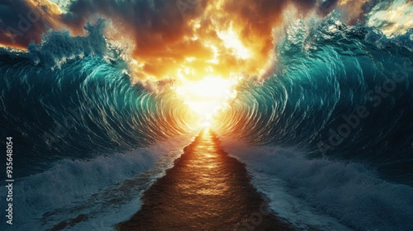 Obraz stone path leading to the Red Sea, giant waves parting in two directions with an opening between them through which light is shining, Moses biblical concept 