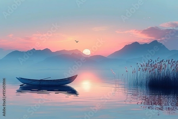 Fototapeta A boat is floating on a calm lake with a beautiful sunset in the background