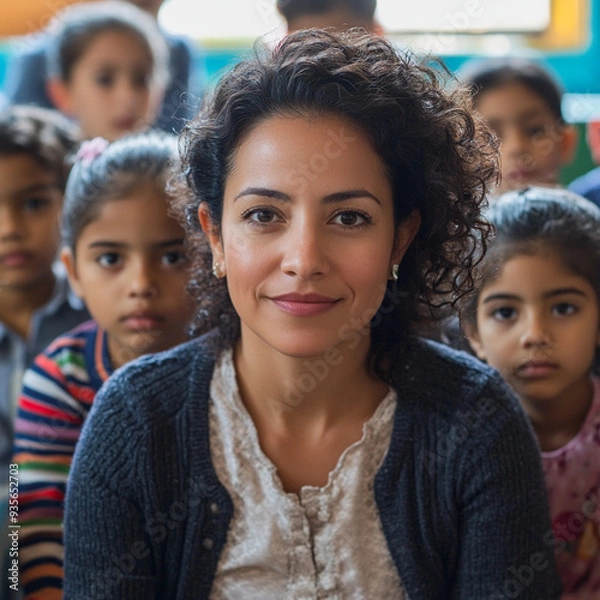 Fototapeta A hispanic teacher with her diverse classroom in the south.