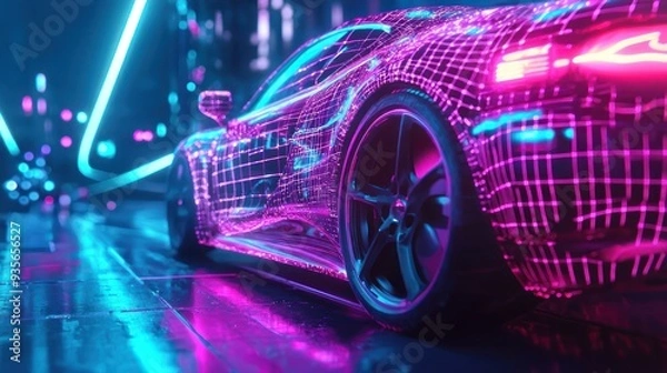 Fototapeta avantgarde photography, car with futuristic light projections, A futuristic car with neon lights on it This abstract futuristic illustration illustrates the concept of car service and technological 
