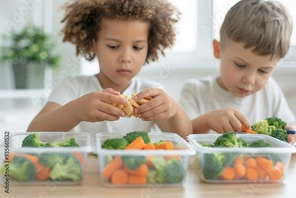 Fototapeta Pupils in a study space, sharing lunch box snacks and meals, capturing the joy of eating healthy food together