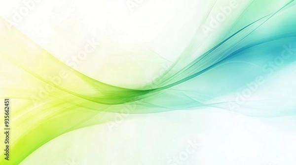 Fototapeta A soothing abstract image featuring flowing green and blue waves on a gradient white background.
