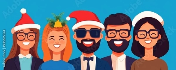Fototapeta Cheerful group of friends celebrating holidays in festive hats and glasses, smiling together against a bright blue background.