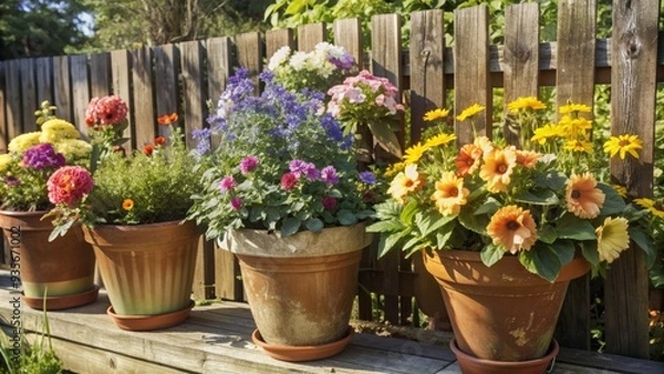 Fototapeta Vibrant colorful flowers bloom in rustic terracotta pots against a sunny warm weathered wooden fence backdrop in a lush lively spring summer garden setting.