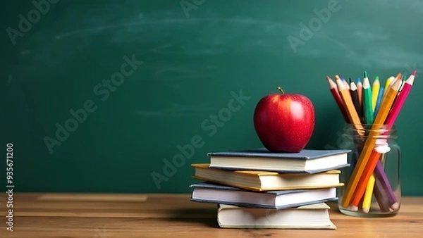 Fototapeta Pencil tray and an apple on notebooks on school teacher's desk.
