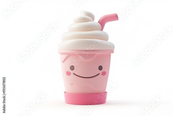Obraz Cute pink milkshake cartoon 3D render.