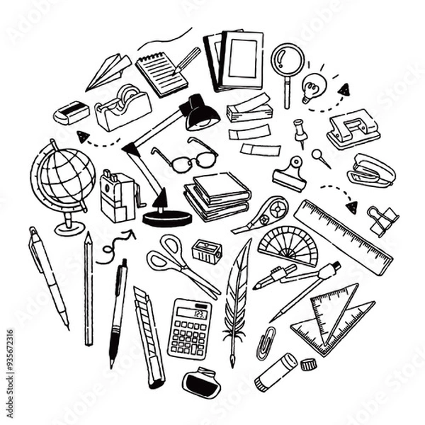 Obraz 文房具イメージアイコン　円形　手描き白黒線画