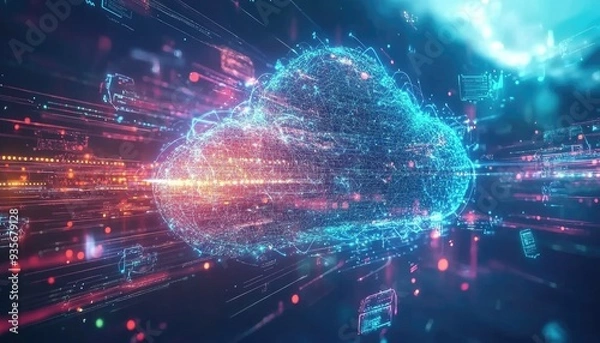 Fototapeta Abstract 3D cloud computing concept with glowing lines and digital data.