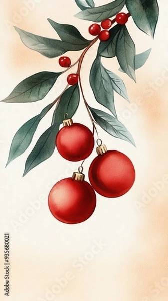 Obraz Stylish illustration of festive red ornaments surrounded by green leaves, perfect for holiday decoration and seasonal projects.