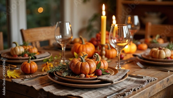 Fototapeta Fall harvest feast with a rustic table setting