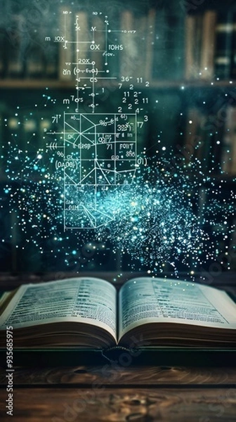 Obraz open math book with holographic formulas 
