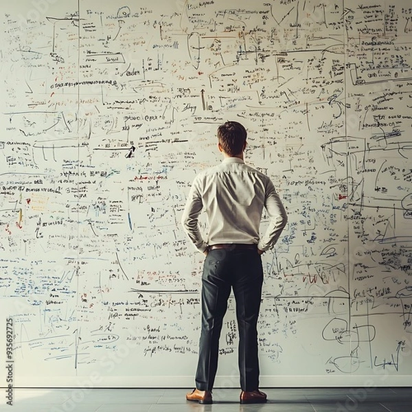 Fototapeta Brainstorming. Huge wall with action plans and questions to be solved written on it. Man thinking about problems while standing by the wall. View from behind