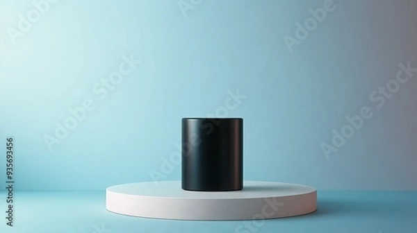 Fototapeta A black object is sitting on a white pedestal in a blue room