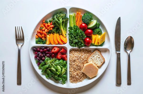 Fototapeta Plate divided into sections each filled with a variety of healthy foods representing a balanced diet