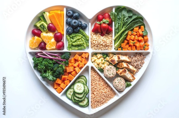 Fototapeta Heart shaped plate divided into sections each filled with a variety of healthy foods representing a balanced diet
