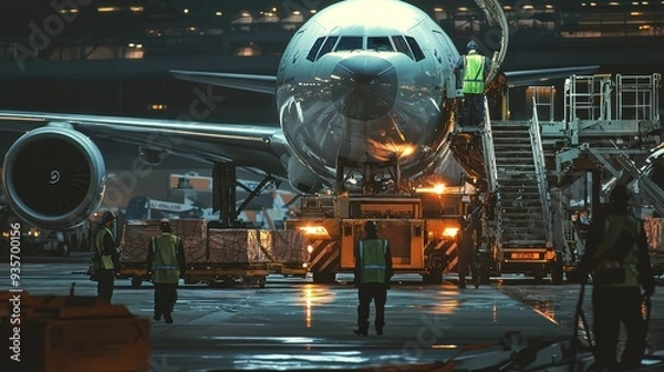 Fototapeta Loading cargo at an airport during nighttime, with workers in reflective vests and an airplane in background. scene conveys sense of urgency and teamwork. 