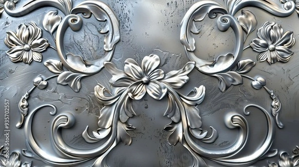 Fototapeta Carved metal plaque made of silver with a pattern of two lotus flowers. AI generated illustration