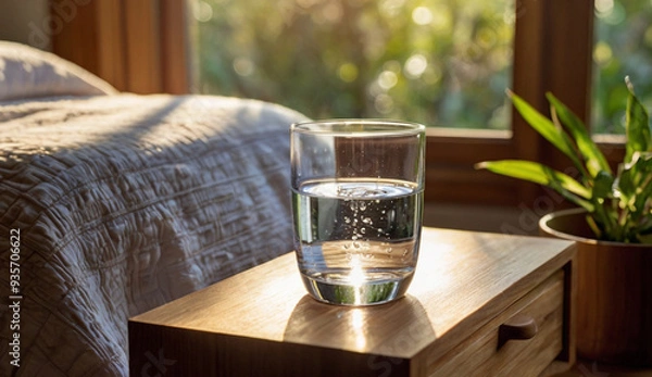 Obraz A glass of water sits on a wooden table, illuminated by morning light, with a neatly made bed in the background a refreshing start to your day.