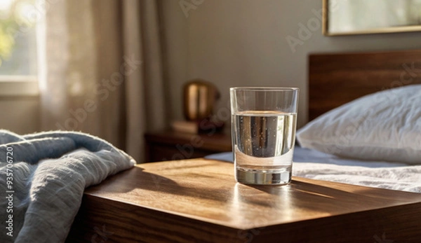 Obraz A glass of water sits on a wooden table, illuminated by morning light, with a neatly made bed in the background a refreshing start to your day.
