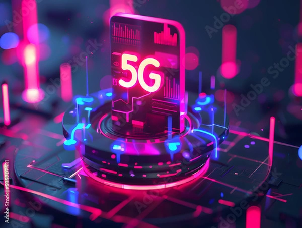 Fototapeta Creative background or concept of 5g cellular mobile communication. Neural network AI generated art