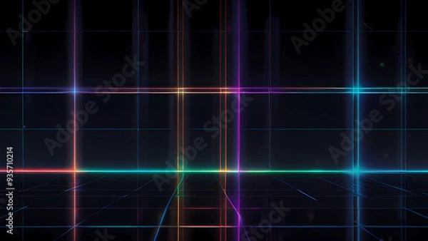 Fototapeta A futuristic flat vector background featuring a dark, minimalistic grid with bright, intersecting laser beams