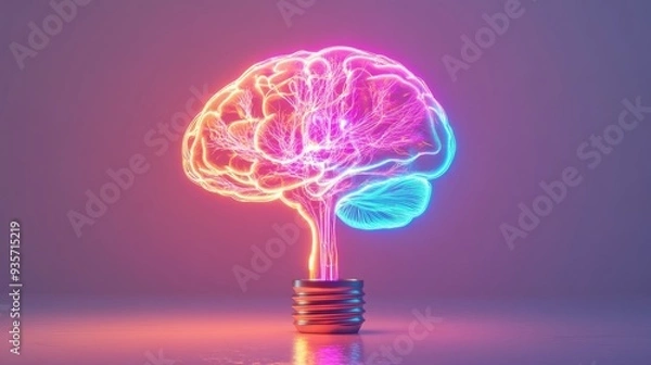 Fototapeta Brain-shaped neon bulb with glowing electric tree, bright and vibrant, set against a white background, futuristic science concept