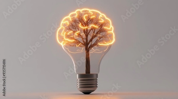 Fototapeta Bright brain-shaped neon bulb with electric tree inside, glowing on a white background, representing cutting-edge science