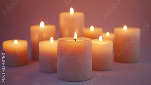 Fototapeta Group of white candles burning on a tabletop creating a romantic ambiance