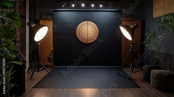 Fototapeta Studio setup with a black paper background, enhanced by professional lighting, offering a sleek and modern aesthetic.