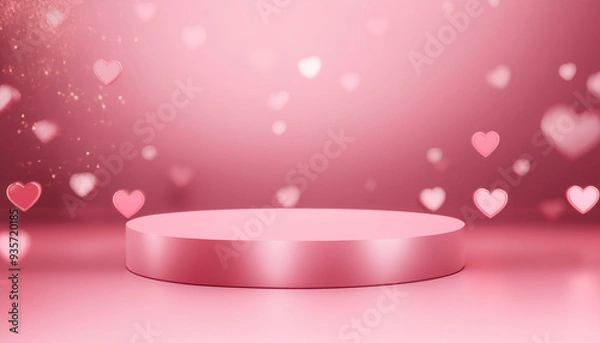 Fototapeta Pink Podium Background for product symbols of love, valentines day 3d. Valentines Day Pink Podium With Hearts With Gradient Mesh