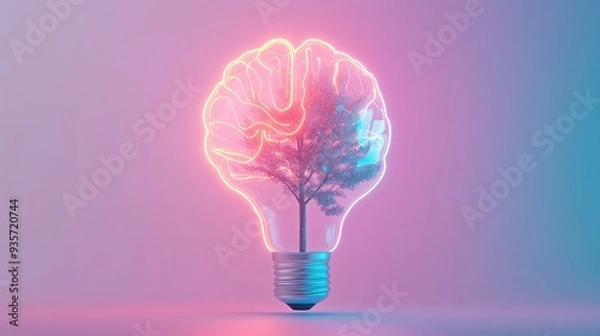 Fototapeta Neon glass brain bulb with electric tree glowing inside, bright and modern, placed on a clean white backdrop, science focus