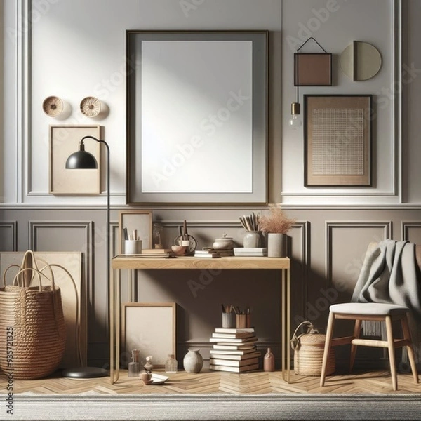 Fototapeta Poster frame mockup in home interior with old retro furniture, 3d render
