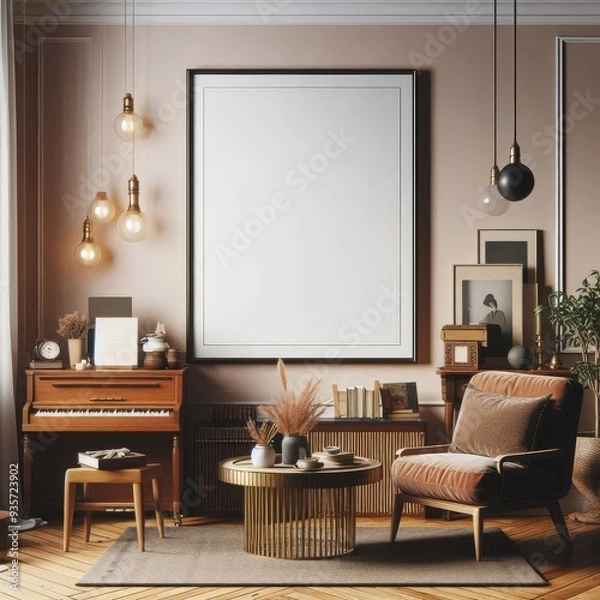 Fototapeta Poster frame mockup in home interior with old retro furniture, 3d render
