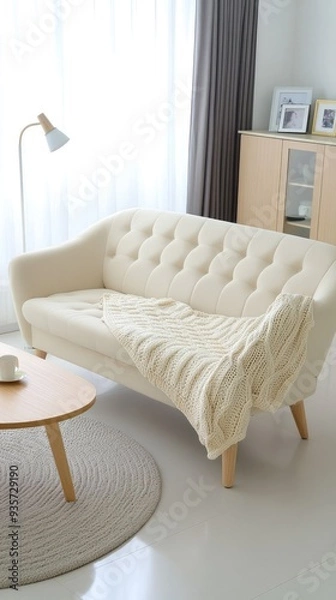 Fototapeta This stylish living room showcases a white sofa adorned with light pink pillows, draped in a beige blanket, under a large pendant lamp with boho elements creating a cheerful atmosphere