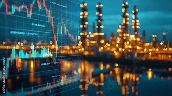Fototapeta A blend of finance and industry, showcasing a detailed graph overlay on an oil refinery background at dusk.