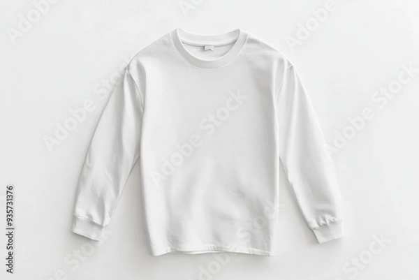 Fototapeta A simple, plain white long-sleeve sweater displayed against a clean white background, highlighting its minimalist design and everyday wear style.