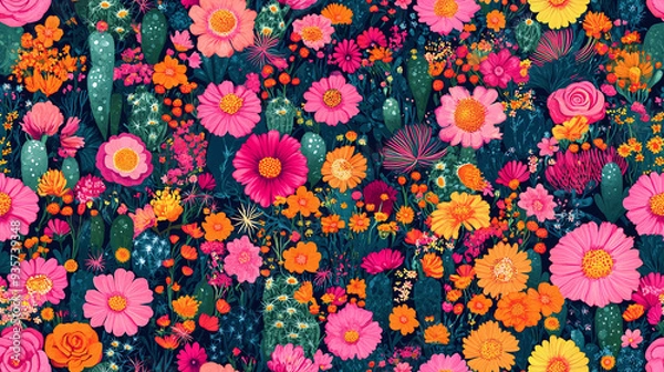 Obraz A seamless pattern with vibrant retro flowers and cactus - Power flower background.