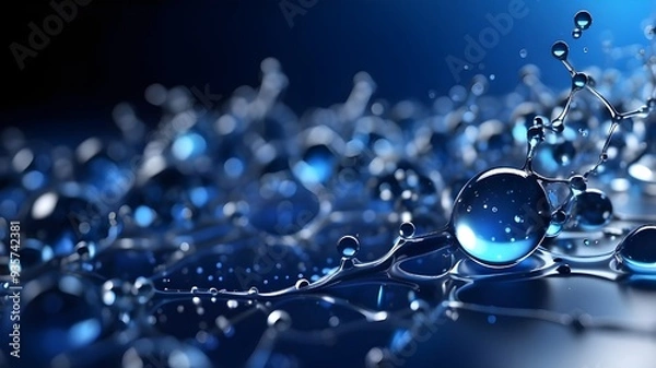 Fototapeta Blue liquid serum background with blue molecular atom structures. Science DNA Model Structure of Molecular Water Drops with Background in Medicine