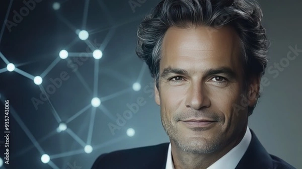 Fototapeta Portrait of a confident businessman with a network graphic in the background.