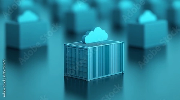 Fototapeta A 3D rendered image showing containerization technology and cloud computing concept with cloud icons on containers.
