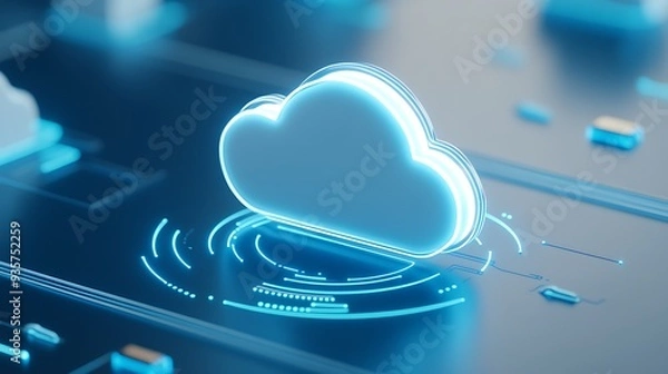 Fototapeta A futuristic digital cloud icon on a computer board representing cloud computing technology and data storage solutions.